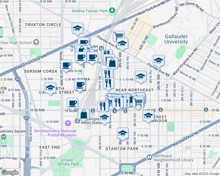 map of restaurants, bars, coffee shops, grocery stores, and more near 1008 3rd Street Northeast in Washington