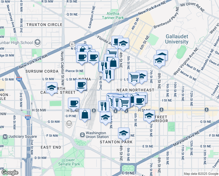 map of restaurants, bars, coffee shops, grocery stores, and more near 1008 3rd Street Northeast in Washington