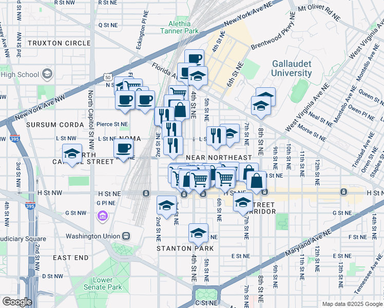map of restaurants, bars, coffee shops, grocery stores, and more near 342 K Street Northeast in Washington