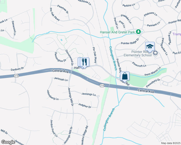 map of restaurants, bars, coffee shops, grocery stores, and more near 15301 Hall Road in Bowie