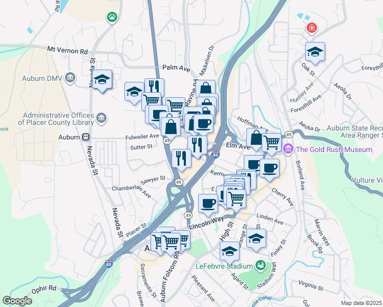 map of restaurants, bars, coffee shops, grocery stores, and more near 243 Garfield Street in Auburn