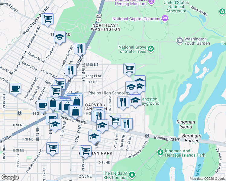 map of restaurants, bars, coffee shops, grocery stores, and more near 101 Independence Avenue Southeast in Washington
