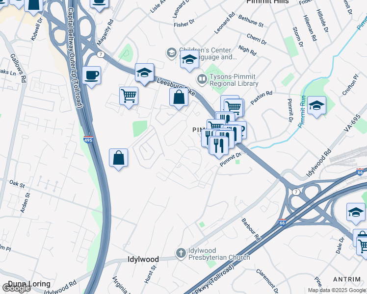 map of restaurants, bars, coffee shops, grocery stores, and more near 2262 Pimmit Run Lane in Idylwood