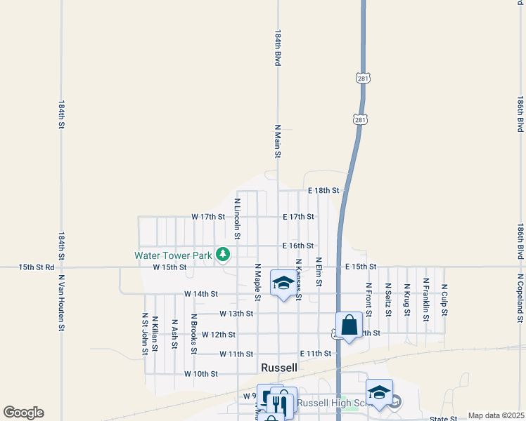 map of restaurants, bars, coffee shops, grocery stores, and more near 101-199 West 17th Street in Russell