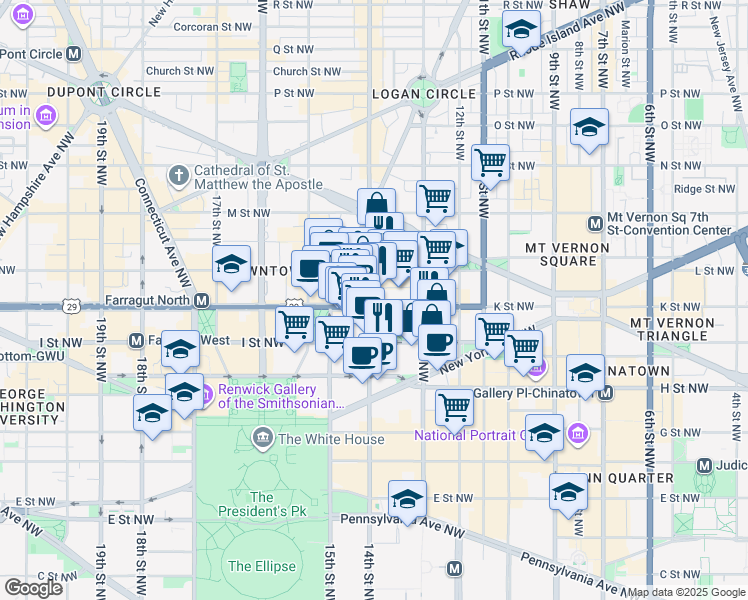 map of restaurants, bars, coffee shops, grocery stores, and more near 1300 K Street Northwest in Washington