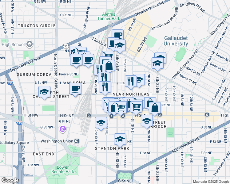 map of restaurants, bars, coffee shops, grocery stores, and more near 320 K Street Northeast in Washington