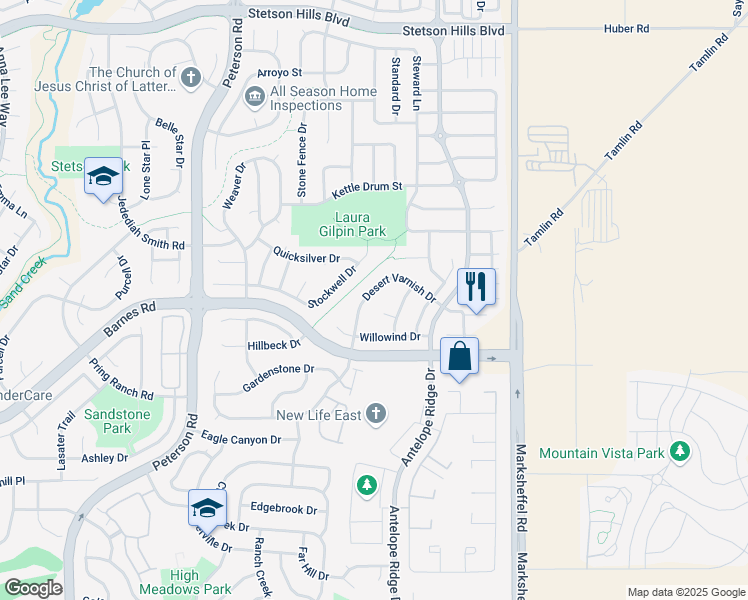 map of restaurants, bars, coffee shops, grocery stores, and more near 4837 Desert Varnish Drive in Colorado Springs
