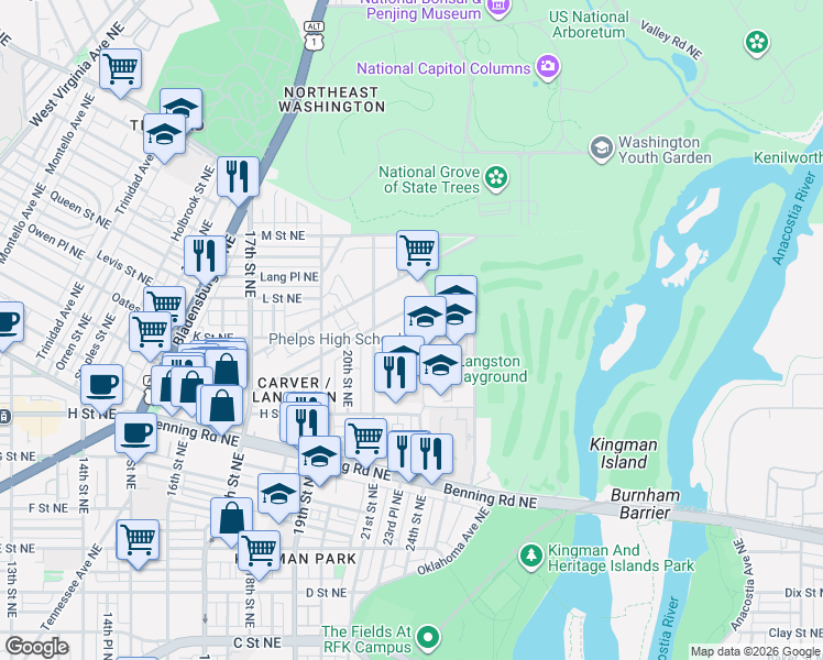 map of restaurants, bars, coffee shops, grocery stores, and more near 2115 I Street Northeast in Washington