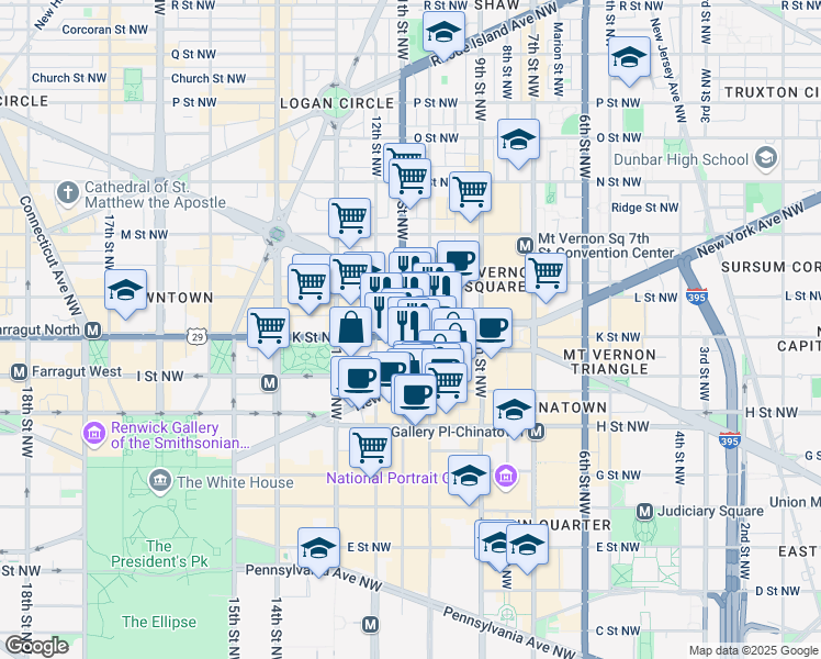 map of restaurants, bars, coffee shops, grocery stores, and more near 1011 K Street Northwest in Washington
