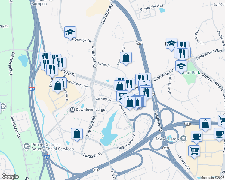 map of restaurants, bars, coffee shops, grocery stores, and more near Summit Circle in Upper Marlboro