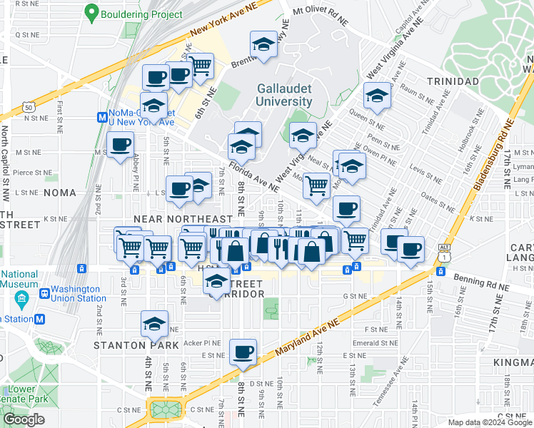 map of restaurants, bars, coffee shops, grocery stores, and more near 904 K Street Northeast in Washington