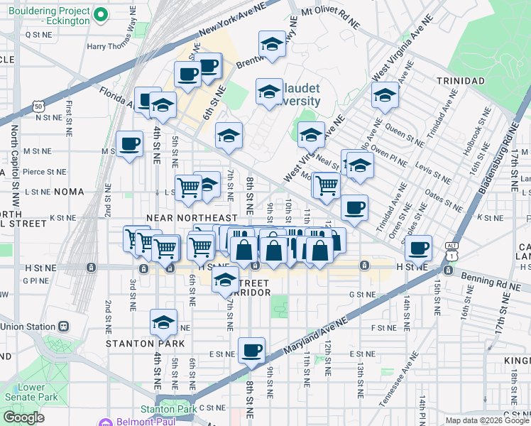 map of restaurants, bars, coffee shops, grocery stores, and more near 101 Independence Avenue Southeast in Washington