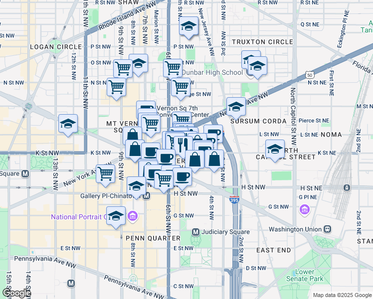 map of restaurants, bars, coffee shops, grocery stores, and more near 475 K Street Northeast in Washington