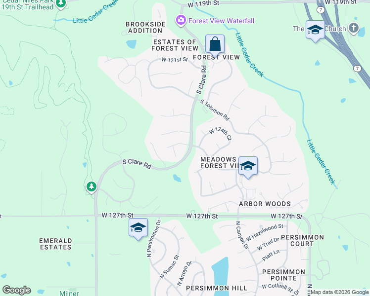 map of restaurants, bars, coffee shops, grocery stores, and more near 21971 West 124th Terrace in Olathe