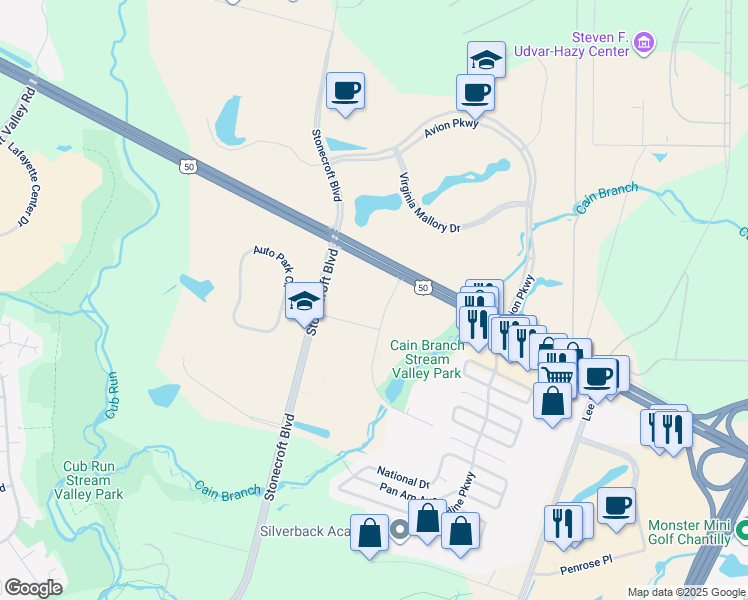 map of restaurants, bars, coffee shops, grocery stores, and more near 3997 Westfax Drive in Chantilly