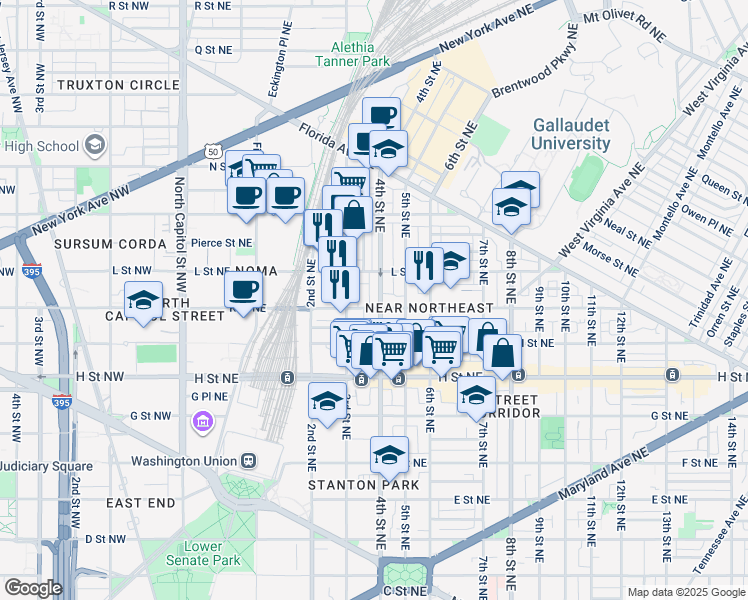 map of restaurants, bars, coffee shops, grocery stores, and more near 320 K Street Northeast in Washington