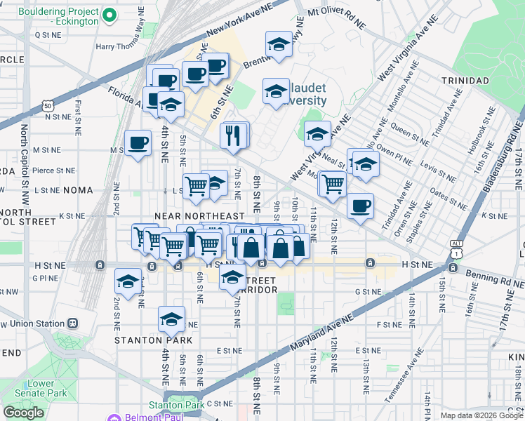 map of restaurants, bars, coffee shops, grocery stores, and more near 101 Independence Avenue Southeast in Washington