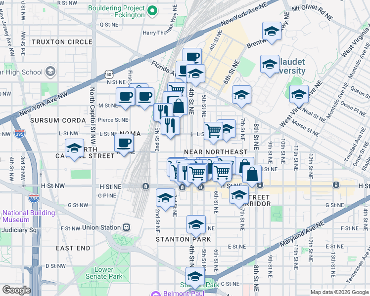 map of restaurants, bars, coffee shops, grocery stores, and more near 101 Independence Avenue Southeast in Washington