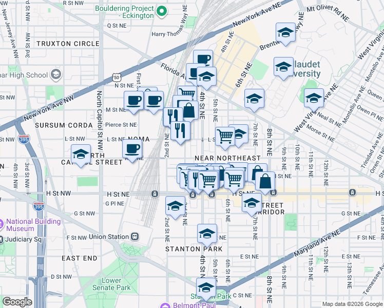 map of restaurants, bars, coffee shops, grocery stores, and more near 101 Independence Avenue Southeast in Washington