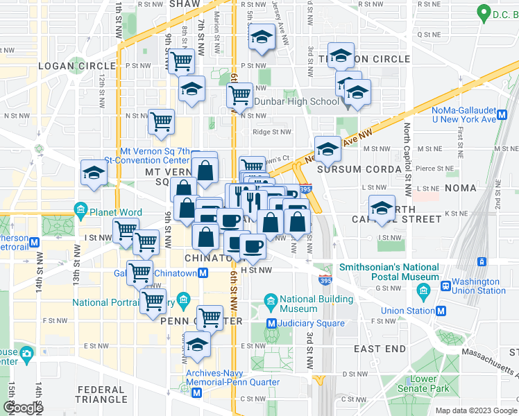 map of restaurants, bars, coffee shops, grocery stores, and more near 101 Independence Avenue Southeast in Washington