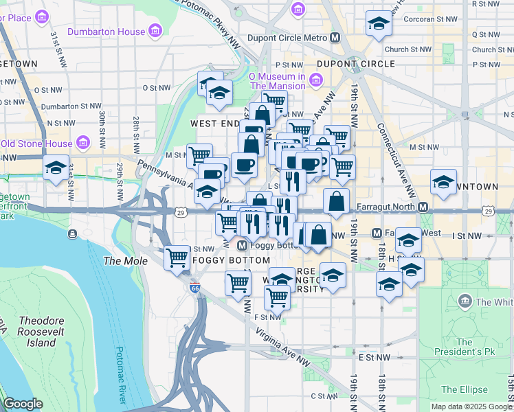 map of restaurants, bars, coffee shops, grocery stores, and more near 2119 Washington Circle Northwest in Washington