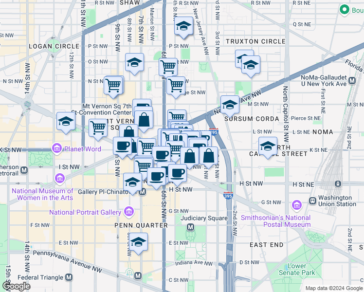 map of restaurants, bars, coffee shops, grocery stores, and more near 475 K Street Northwest in Washington