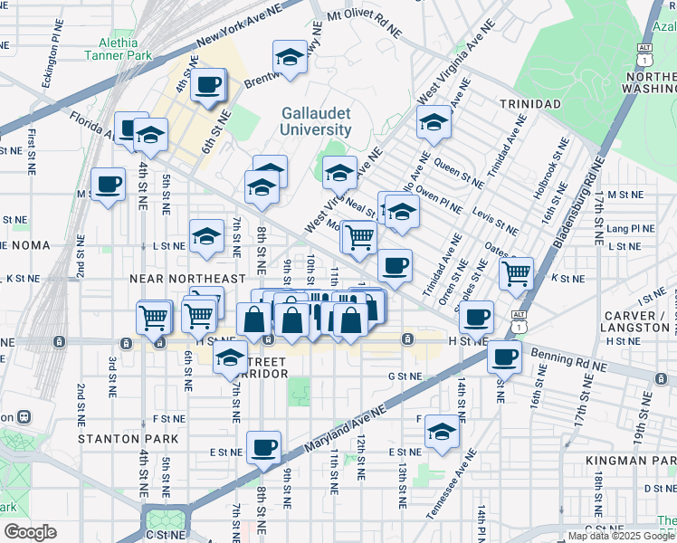 map of restaurants, bars, coffee shops, grocery stores, and more near 1100 K Street Northeast in Washington
