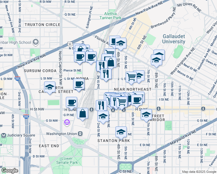 map of restaurants, bars, coffee shops, grocery stores, and more near 1010 3rd Street Northeast in Washington