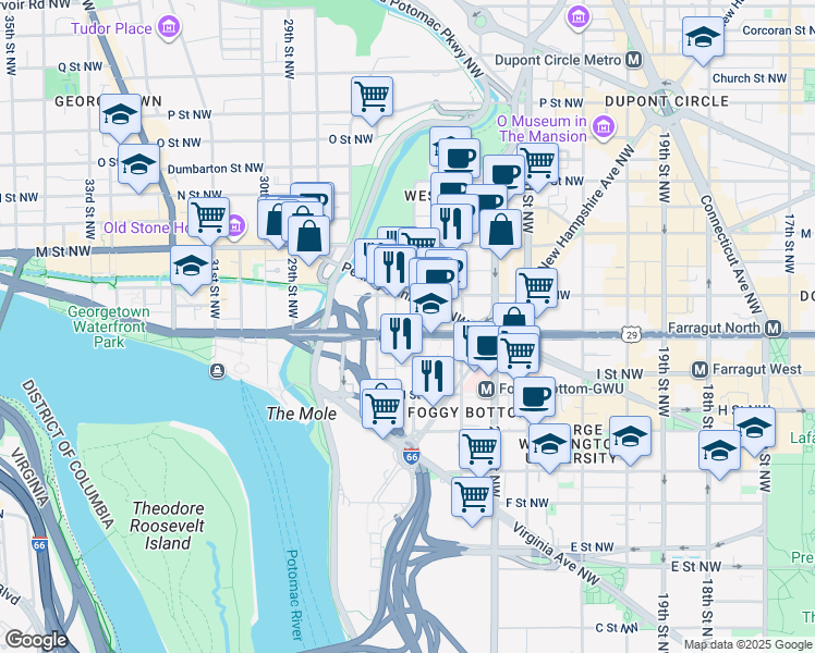map of restaurants, bars, coffee shops, grocery stores, and more near 2501 K Street Northwest in Washington