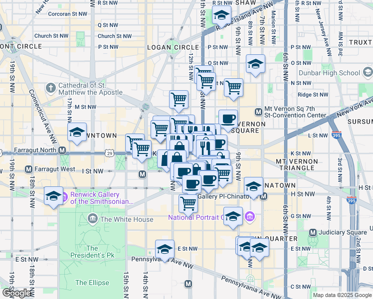 map of restaurants, bars, coffee shops, grocery stores, and more near 1201 K Street Northwest in Washington