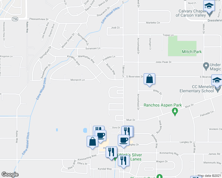 map of restaurants, bars, coffee shops, grocery stores, and more near 1284 Woodside Drive in Gardnerville