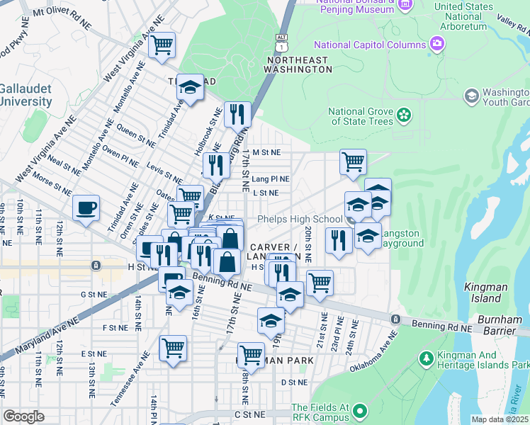 map of restaurants, bars, coffee shops, grocery stores, and more near 101 Independence Avenue Southeast in Washington