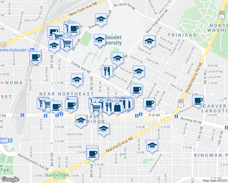 map of restaurants, bars, coffee shops, grocery stores, and more near 101 Independence Avenue Southeast in Washington