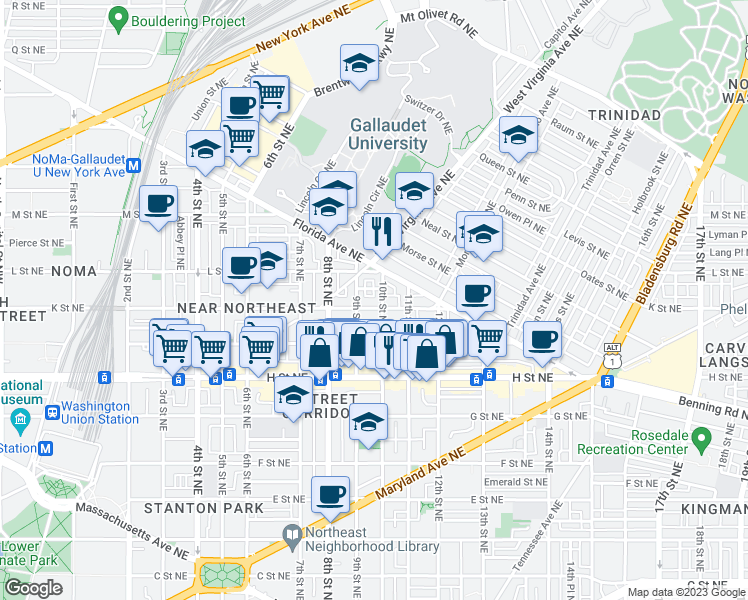 map of restaurants, bars, coffee shops, grocery stores, and more near 101 Independence Avenue Southeast in Washington