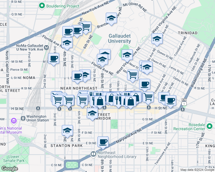map of restaurants, bars, coffee shops, grocery stores, and more near 101 Independence Avenue Southeast in Washington