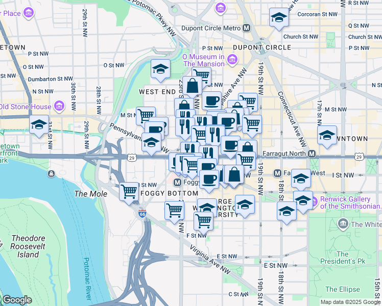 map of restaurants, bars, coffee shops, grocery stores, and more near 101 Independence Avenue Southeast in Washington