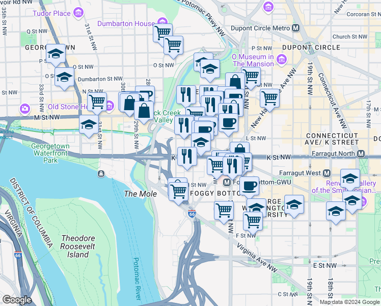 map of restaurants, bars, coffee shops, grocery stores, and more near 101 Independence Avenue Southeast in Washington
