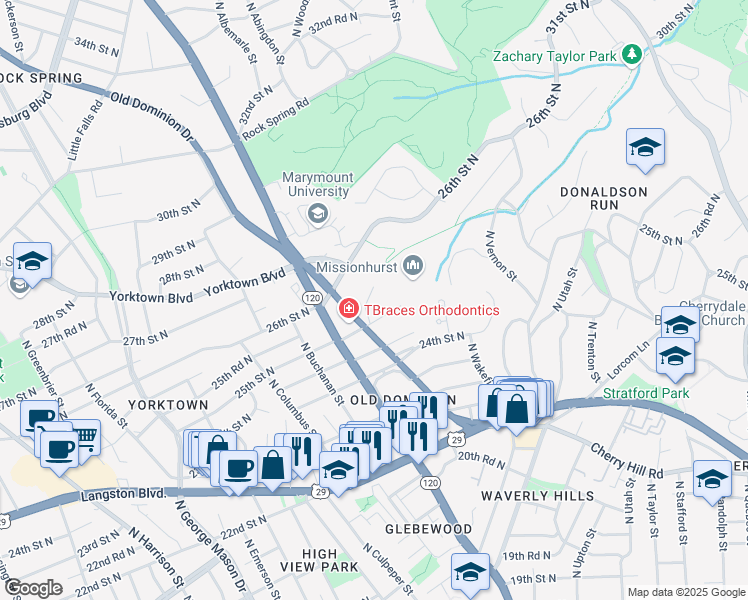 map of restaurants, bars, coffee shops, grocery stores, and more near 4371 Cherry Hill Road in Arlington