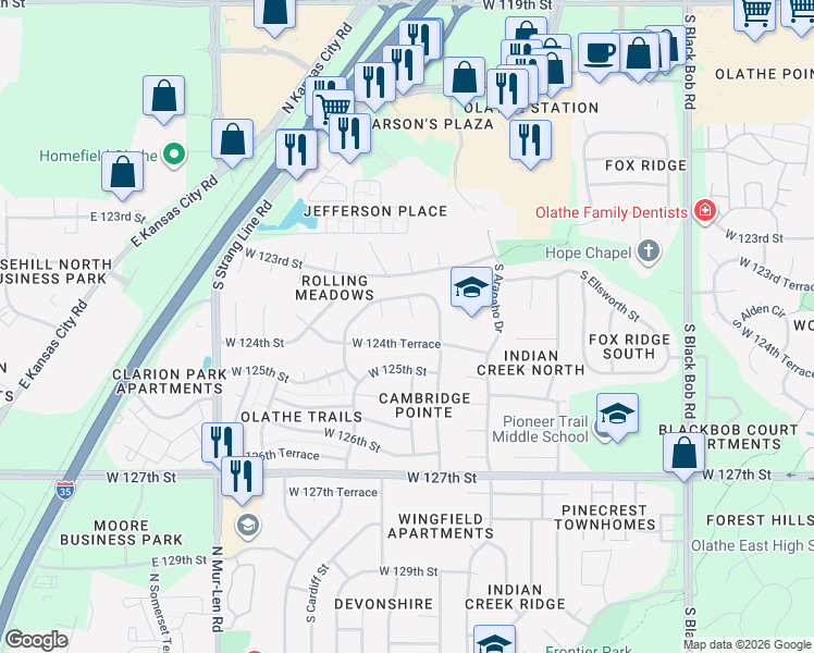 map of restaurants, bars, coffee shops, grocery stores, and more near 15920 West 124th Terrace in Olathe