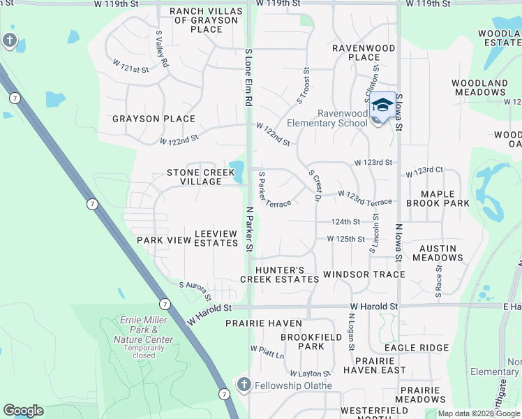 map of restaurants, bars, coffee shops, grocery stores, and more near 1315 North Parker Street in Olathe