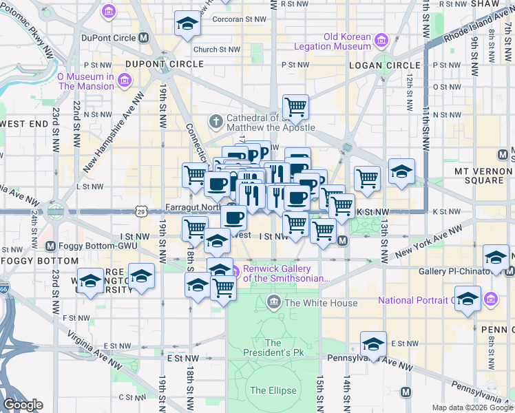 map of restaurants, bars, coffee shops, grocery stores, and more near 888 16th Street Northwest in Washington