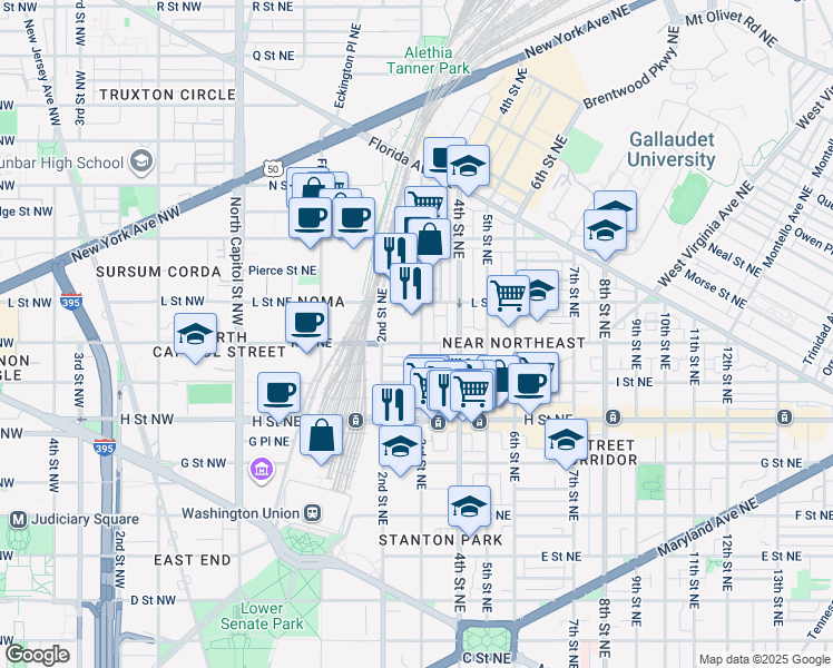 map of restaurants, bars, coffee shops, grocery stores, and more near 1010 3rd Street Northeast in Washington
