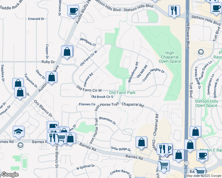 map of restaurants, bars, coffee shops, grocery stores, and more near 5220 Old Farm Circle West in Colorado Springs