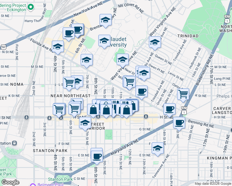 map of restaurants, bars, coffee shops, grocery stores, and more near 101 Independence Avenue Southeast in Washington