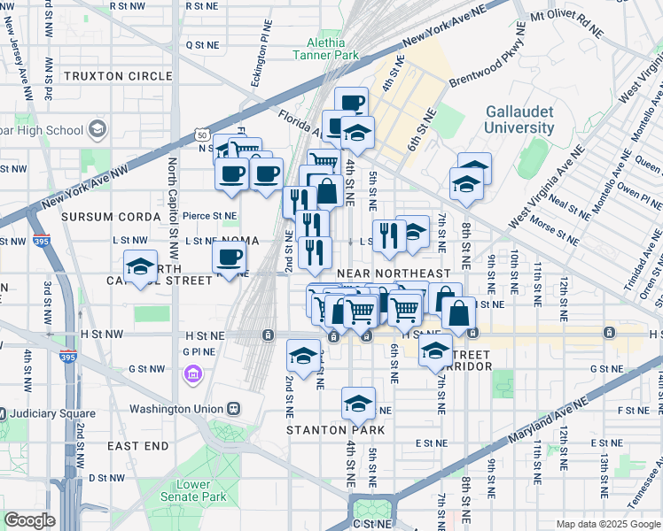 map of restaurants, bars, coffee shops, grocery stores, and more near 304 K Street Northeast in Washington