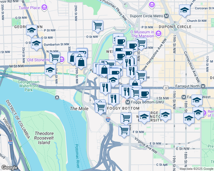 map of restaurants, bars, coffee shops, grocery stores, and more near 2501 K Street Northwest in Washington