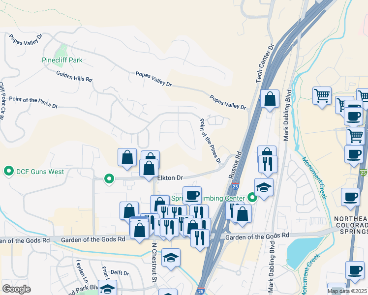 map of restaurants, bars, coffee shops, grocery stores, and more near 4930 Sunbird Cliffs Drive in Colorado Springs