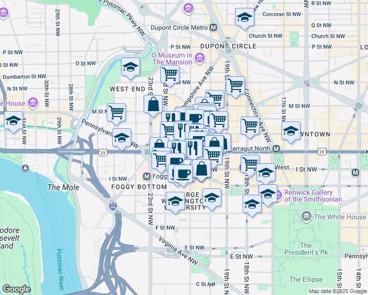 map of restaurants, bars, coffee shops, grocery stores, and more near 101 Independence Avenue Southeast in Washington