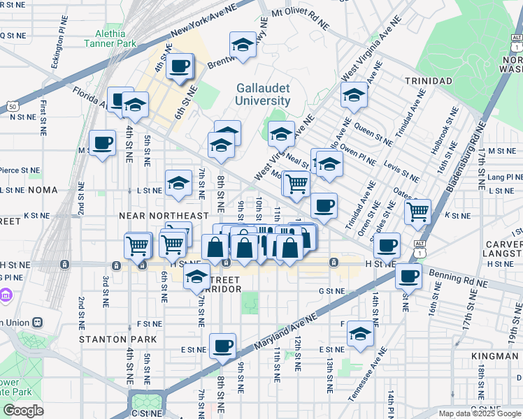 map of restaurants, bars, coffee shops, grocery stores, and more near 101 Independence Avenue Southeast in Washington
