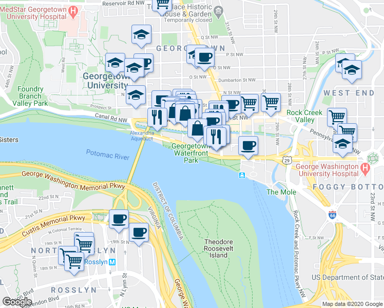 map of restaurants, bars, coffee shops, grocery stores, and more near 3256 K Street Northwest in Washington